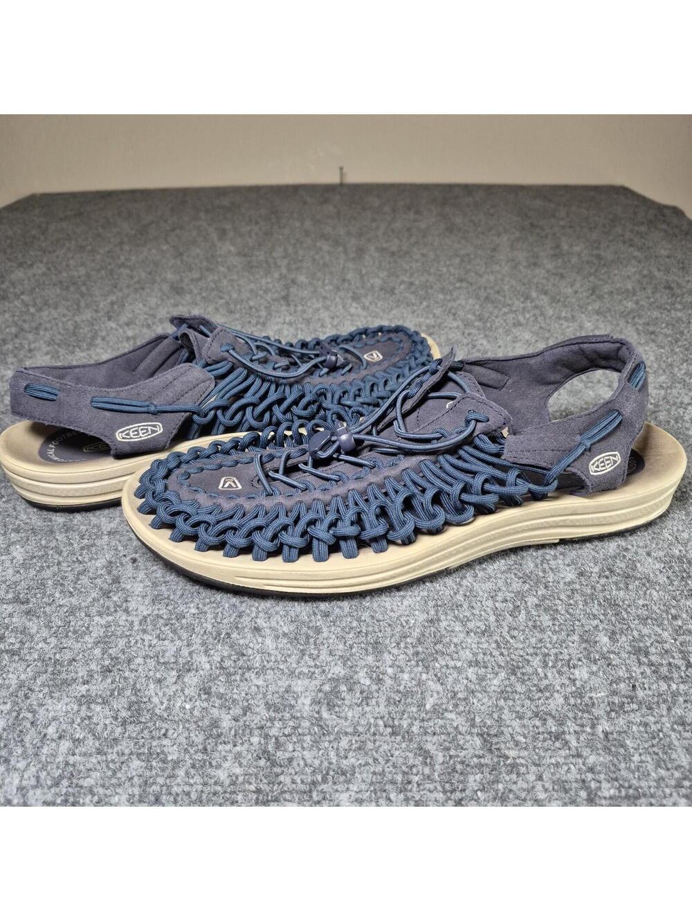 KEEN men 13 Uneek Blue Black Bungee Braided Cord Knitted Fisherman Sandal Footbe